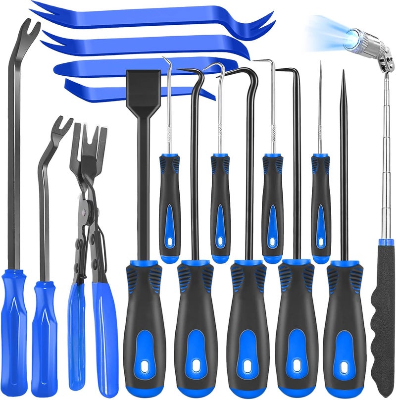 Doaho 17Pcs Mechanic Hook and Pick Tool Set & Car Trim Removal Kit with Fastener Clip Pliers,Rivet Puller,Magnetic Pickup,Gasket Scraper,Non-Scratch Plastic Pry Tools for Automotive Repair-Blue - Image 1